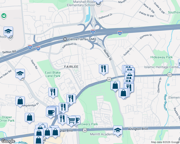 map of restaurants, bars, coffee shops, grocery stores, and more near 3060 Williams Drive in Fairfax