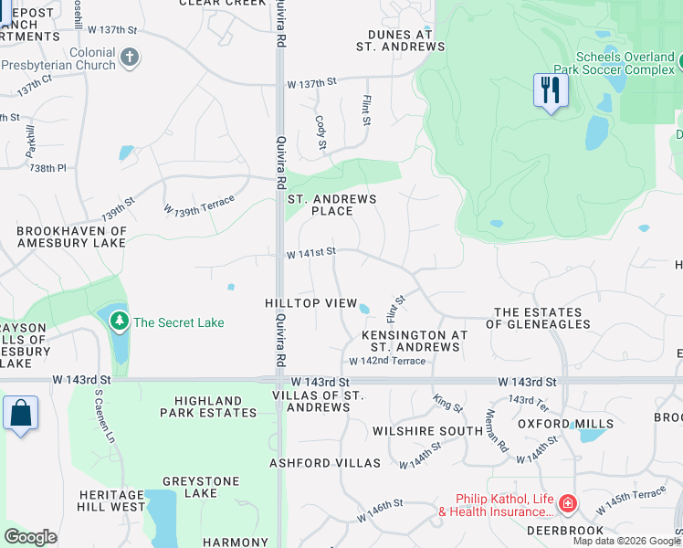 map of restaurants, bars, coffee shops, grocery stores, and more near 14119 Cody Street in Overland Park