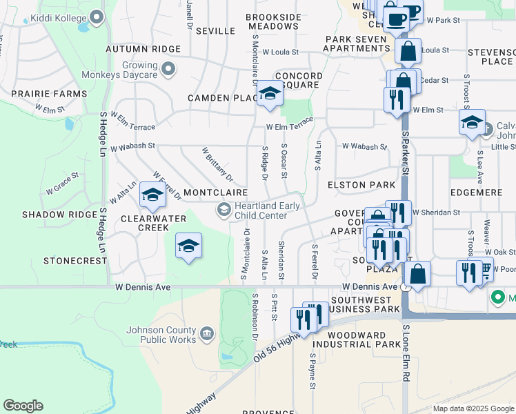 map of restaurants, bars, coffee shops, grocery stores, and more near 1504 West Alta Lane in Olathe