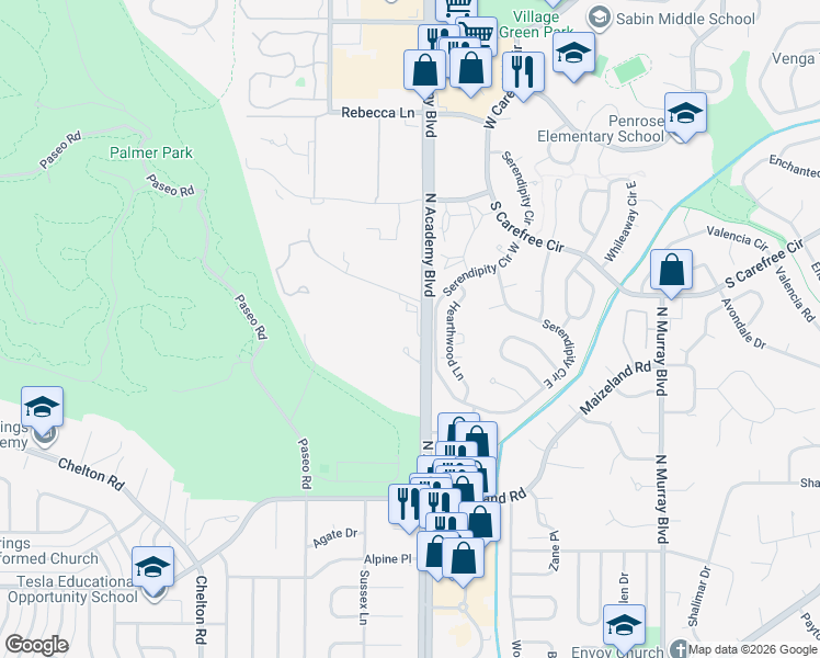 map of restaurants, bars, coffee shops, grocery stores, and more near 2850 North Academy Boulevard in Colorado Springs