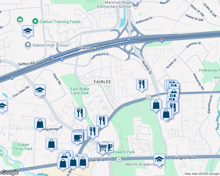 map of restaurants, bars, coffee shops, grocery stores, and more near 9485 Canonbury Square in Fairfax