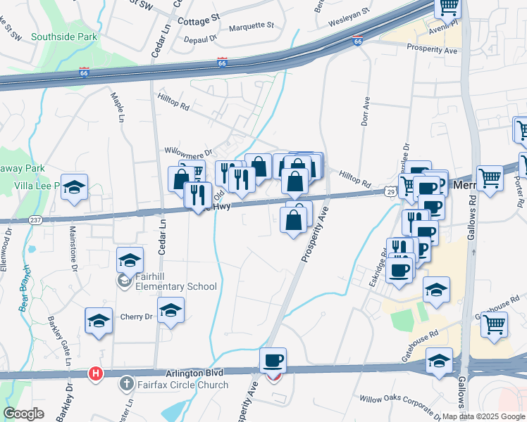 map of restaurants, bars, coffee shops, grocery stores, and more near 8515 Lee Highway in Fairfax