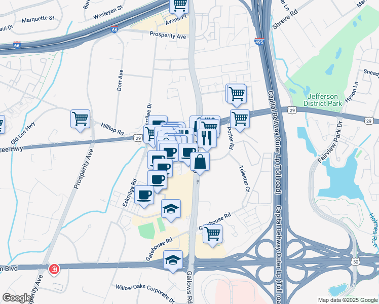 map of restaurants, bars, coffee shops, grocery stores, and more near 8190 Strawberry Lane in Falls Church