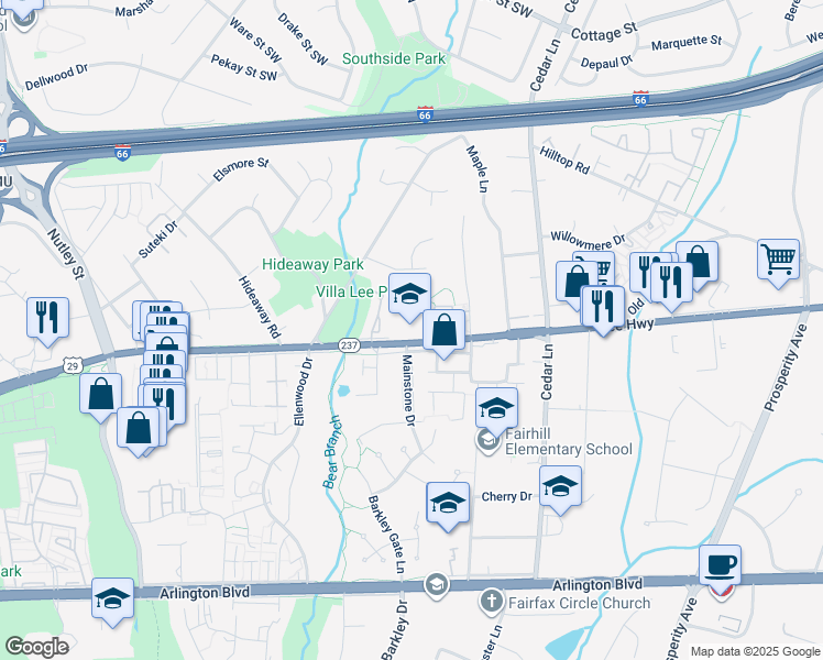 map of restaurants, bars, coffee shops, grocery stores, and more near 8900 Lee Highway in Fairfax