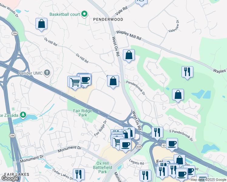 map of restaurants, bars, coffee shops, grocery stores, and more near 3975 Fair Ridge Drive in Fairfax