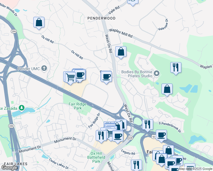 map of restaurants, bars, coffee shops, grocery stores, and more near 3975 Fair Ridge Dr in Chantilly