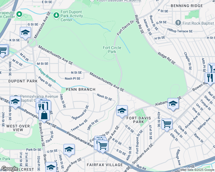 map of restaurants, bars, coffee shops, grocery stores, and more near 3735 O Street Southeast in Washington