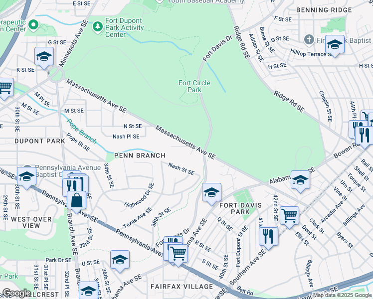map of restaurants, bars, coffee shops, grocery stores, and more near 3735 O Street Southeast in Washington