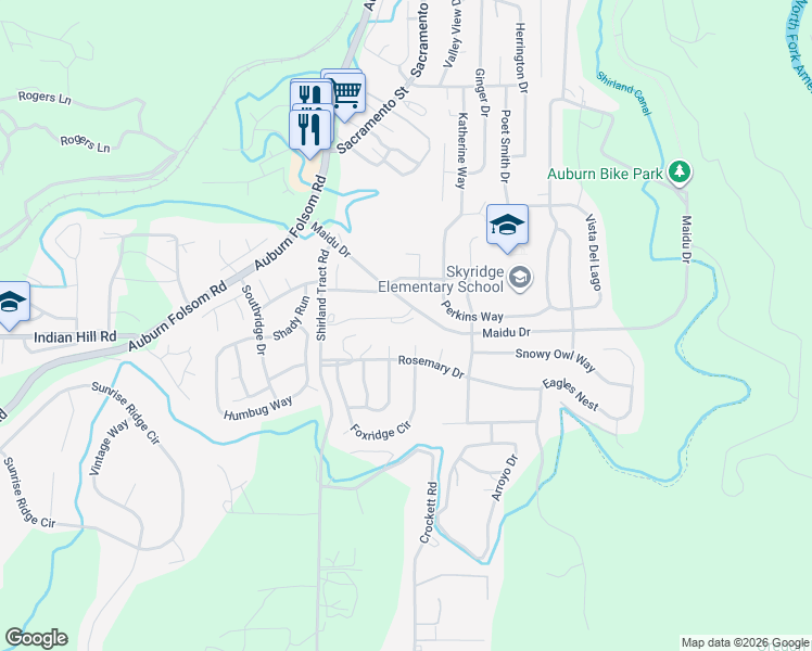 map of restaurants, bars, coffee shops, grocery stores, and more near 1725 Foxridge Circle in Auburn