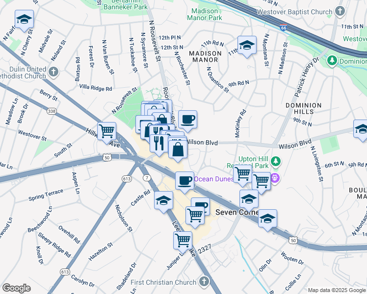 map of restaurants, bars, coffee shops, grocery stores, and more near 6245 Wilson Boulevard in Falls Church
