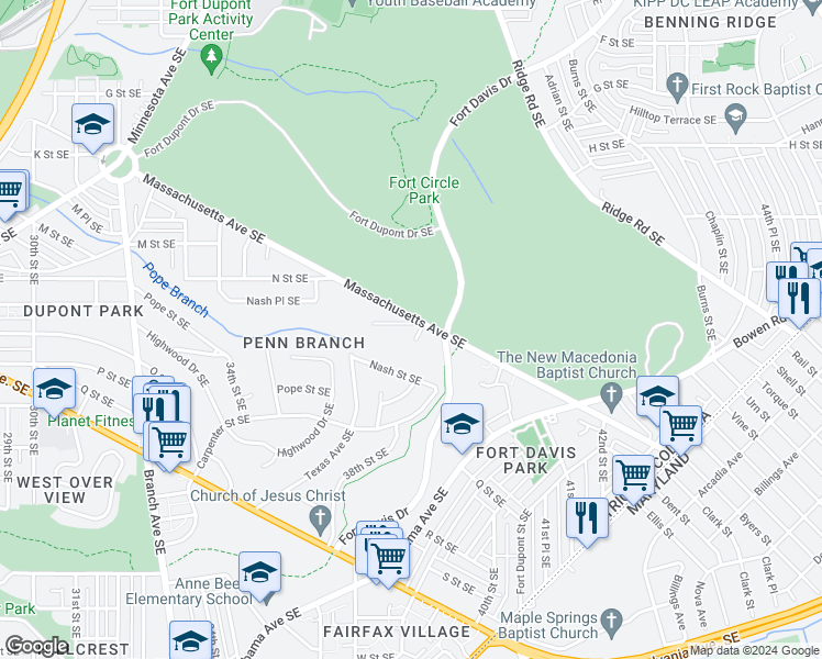 map of restaurants, bars, coffee shops, grocery stores, and more near 3739 O Street Southeast in Washington