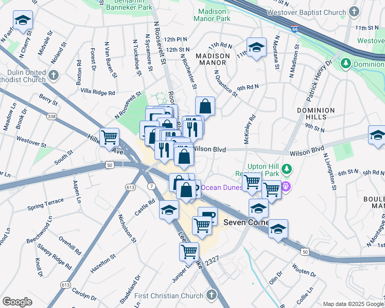 map of restaurants, bars, coffee shops, grocery stores, and more near 6245 Wilson Boulevard in Falls Church
