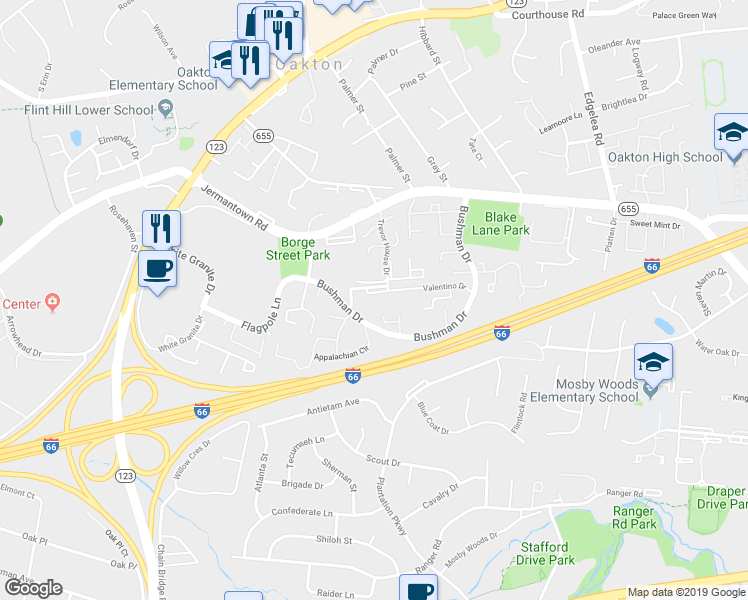 map of restaurants, bars, coffee shops, grocery stores, and more near 10223 Valentino Drive in Oakton