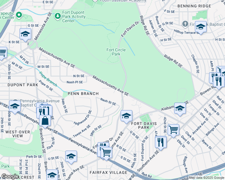 map of restaurants, bars, coffee shops, grocery stores, and more near 3739 O Street Southeast in Washington