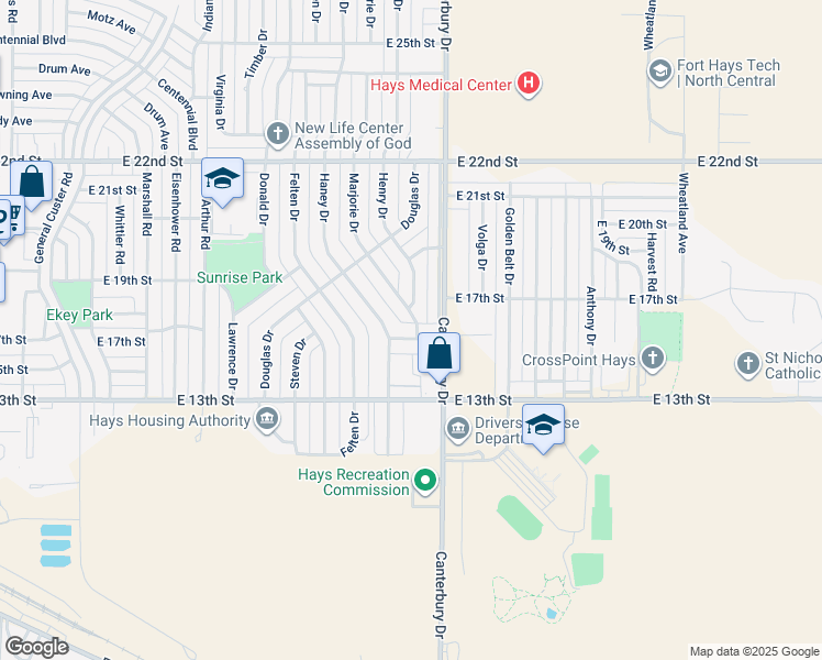 map of restaurants, bars, coffee shops, grocery stores, and more near 2301-2307 East 15th Street in Hays