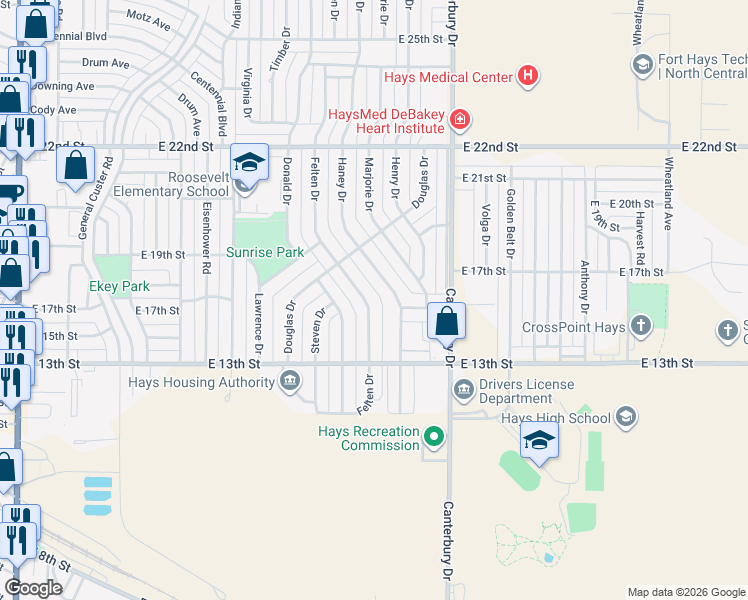 map of restaurants, bars, coffee shops, grocery stores, and more near 1301-1399 Felten Drive in Hays