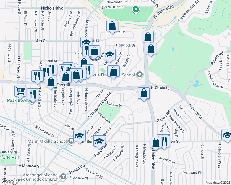 map of restaurants, bars, coffee shops, grocery stores, and more near 2828 Lewis Meadows View in Colorado Springs