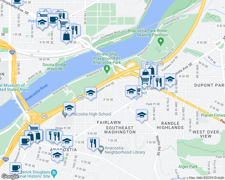 map of restaurants, bars, coffee shops, grocery stores, and more near 1920 Naylor Road Southeast in Washington