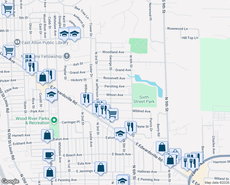 map of restaurants, bars, coffee shops, grocery stores, and more near 506 Wilson Avenue in Wood River