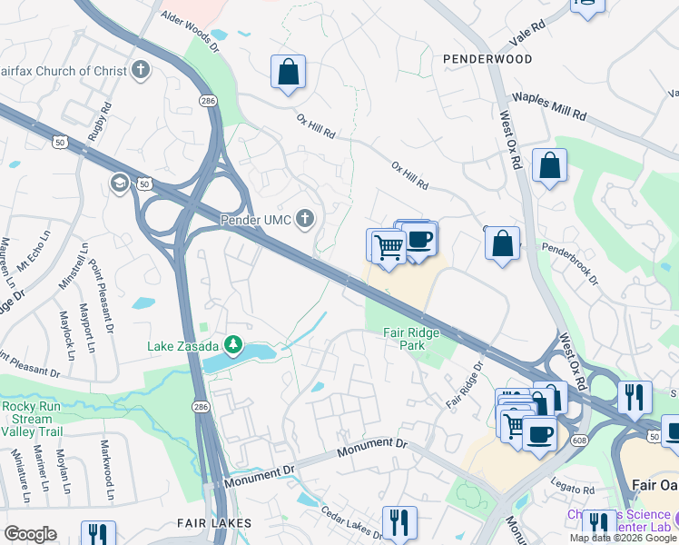 map of restaurants, bars, coffee shops, grocery stores, and more near 12410 U.S. 50 in Fairfax