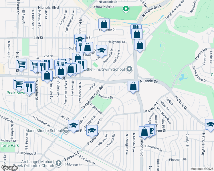 map of restaurants, bars, coffee shops, grocery stores, and more near 2828 Lewis Meadows View in Colorado Springs
