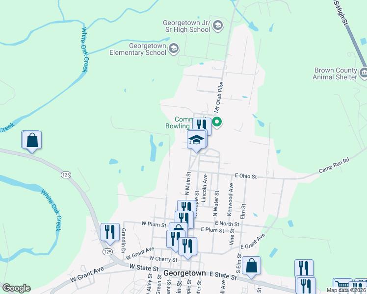 map of restaurants, bars, coffee shops, grocery stores, and more near 521 North Main Street in Georgetown