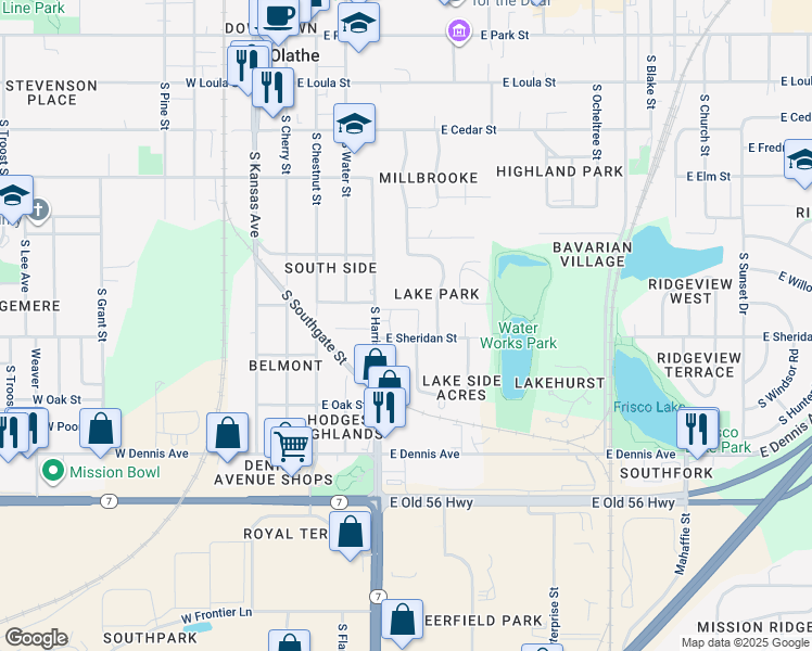 map of restaurants, bars, coffee shops, grocery stores, and more near 409 East Sheridan Street in Olathe
