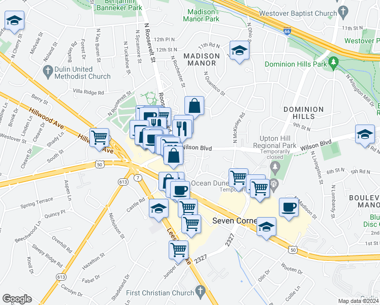 map of restaurants, bars, coffee shops, grocery stores, and more near 6239 Wilson Boulevard in Falls Church