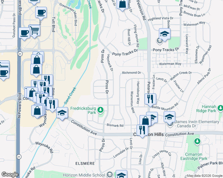 map of restaurants, bars, coffee shops, grocery stores, and more near 2880 Richmond Drive in Colorado Springs