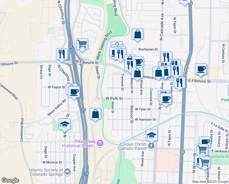 map of restaurants, bars, coffee shops, grocery stores, and more near 2819 Main Street in Colorado Springs