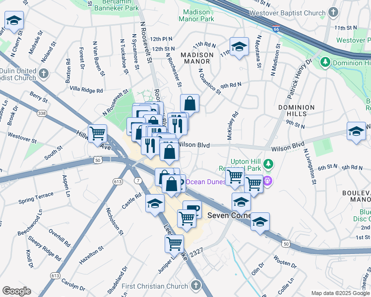 map of restaurants, bars, coffee shops, grocery stores, and more near 6239 Wilson Boulevard in Falls Church
