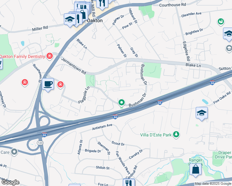 map of restaurants, bars, coffee shops, grocery stores, and more near 10223 Valentino Drive in Oakton