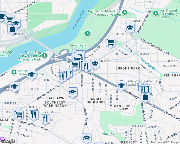 map of restaurants, bars, coffee shops, grocery stores, and more near Pennsylvania Avenue Southeast in Washington