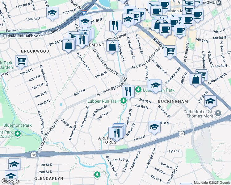 map of restaurants, bars, coffee shops, grocery stores, and more near 414 North Granada Street in Arlington