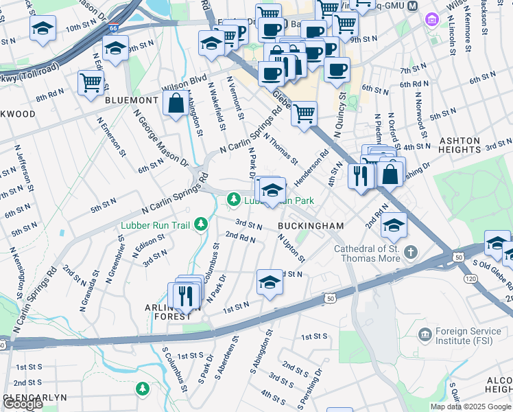 map of restaurants, bars, coffee shops, grocery stores, and more near 351 North Park Drive in Arlington