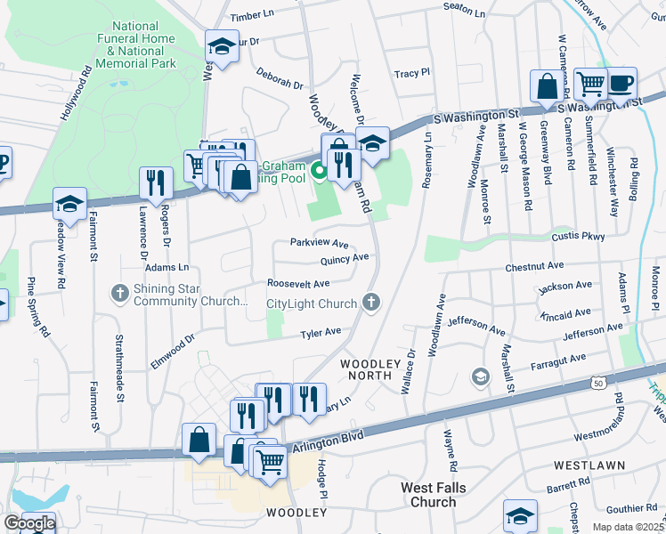 map of restaurants, bars, coffee shops, grocery stores, and more near 7133 Quincy Avenue in Falls Church