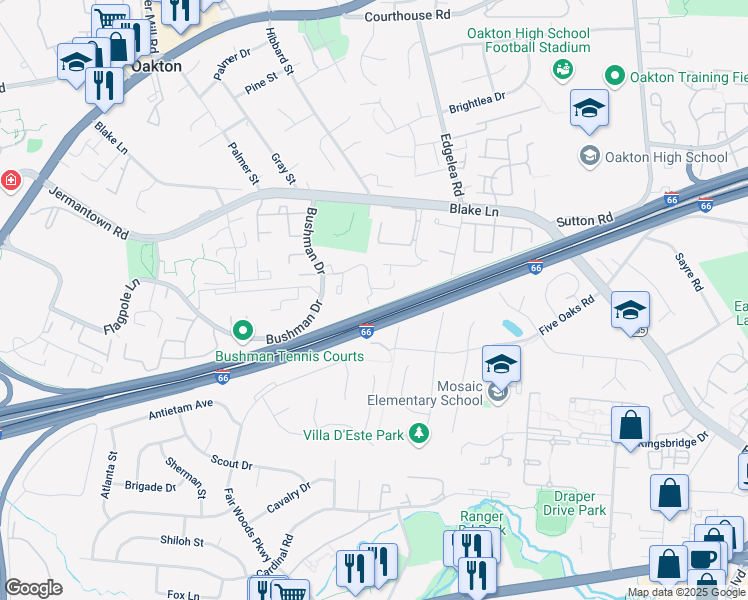 map of restaurants, bars, coffee shops, grocery stores, and more near 9959 Oakton Terrace Road in Oakton
