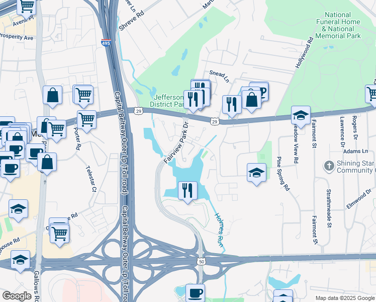 map of restaurants, bars, coffee shops, grocery stores, and more near 2817 Yarling Court in Falls Church