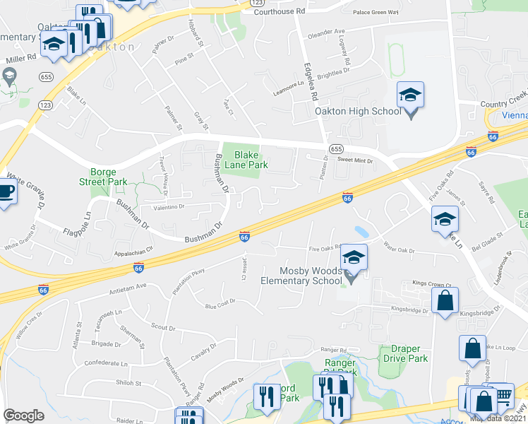 map of restaurants, bars, coffee shops, grocery stores, and more near 9959 Oakton Terrace Road in Oakton