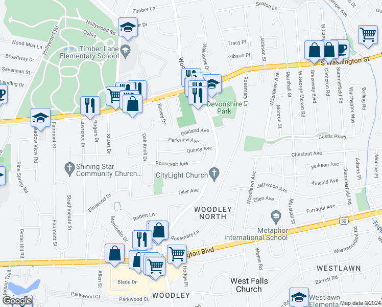 map of restaurants, bars, coffee shops, grocery stores, and more near 7133 Quincy Avenue in Falls Church