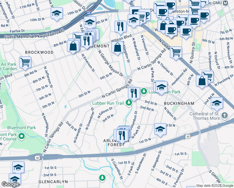 map of restaurants, bars, coffee shops, grocery stores, and more near 395 North Edison Street in Arlington