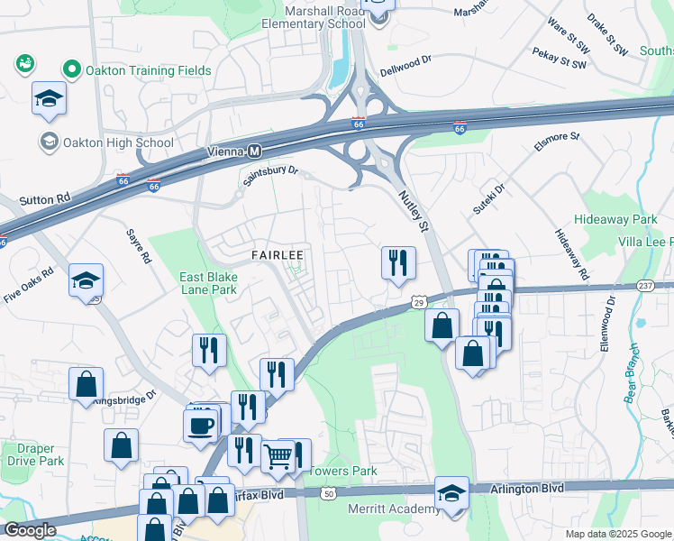 map of restaurants, bars, coffee shops, grocery stores, and more near 9330 Clocktower Place in Fairfax