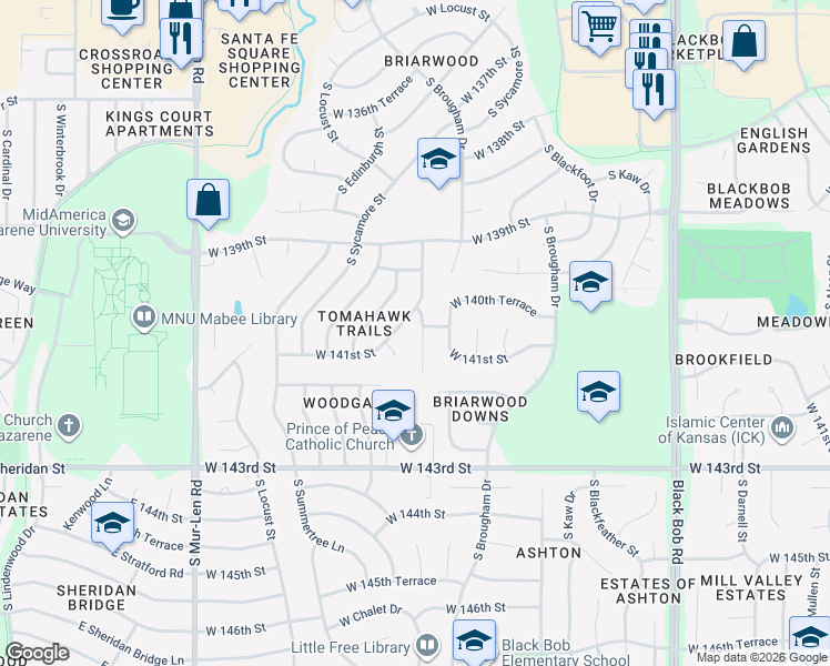 map of restaurants, bars, coffee shops, grocery stores, and more near 14000 South Tomahawk Drive in Olathe