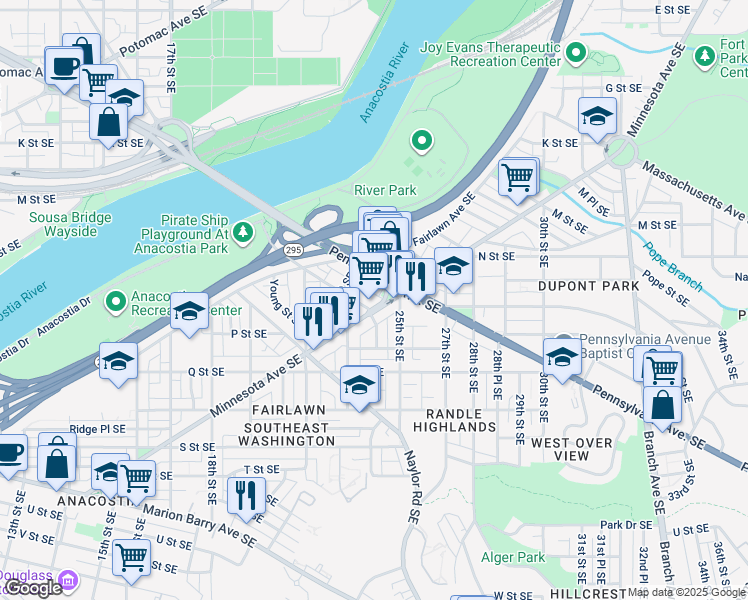 map of restaurants, bars, coffee shops, grocery stores, and more near 2410 Minnesota Avenue Southeast in Washington