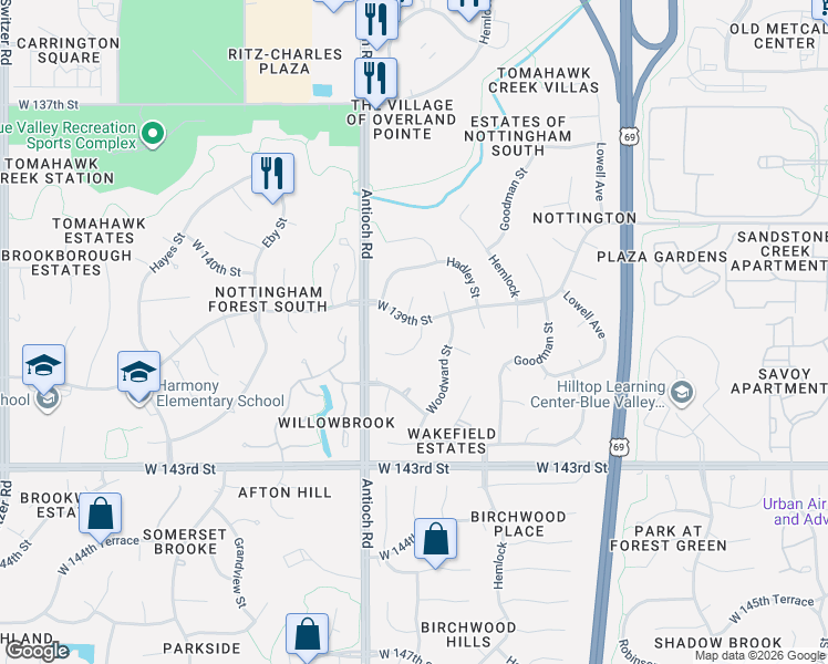 map of restaurants, bars, coffee shops, grocery stores, and more near 13913 Mackey Street in Overland Park