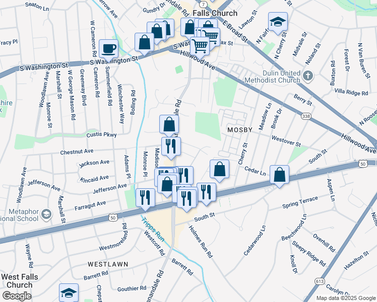map of restaurants, bars, coffee shops, grocery stores, and more near 6638 Harriett Street in Falls Church