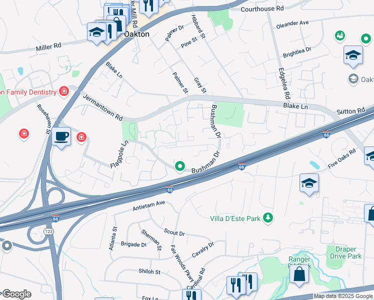 map of restaurants, bars, coffee shops, grocery stores, and more near 10183 Valentino Drive in Oakton