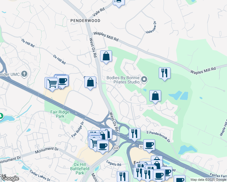 map of restaurants, bars, coffee shops, grocery stores, and more near 12160 Penderview Terrace in Fairfax