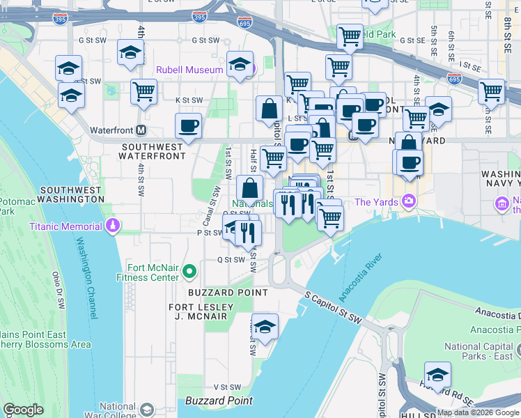 map of restaurants, bars, coffee shops, grocery stores, and more near 101 Independence Avenue Southeast in Washington