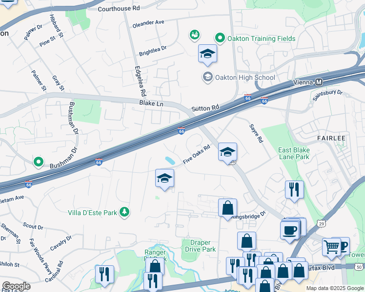 map of restaurants, bars, coffee shops, grocery stores, and more near 3027 Steven Martin Drive in Fairfax